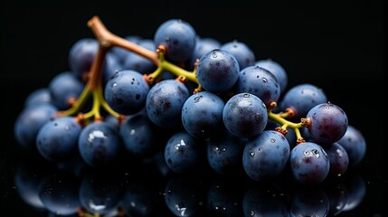 Dark Purple Grapes with Water Droplets on Red Velvet Fabric