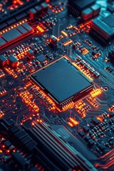 Obraz premium A top-down view of a supercomputer processing complex data streams in a high-tech environment.