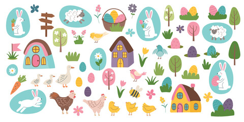 Fototapeta premium Set of Easter elements isolated on white background. Easter objects. Easter concept cliparts. Vector hand drawn illustration.