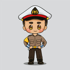Handsome young indonesian police cartoon illustration in chibi style
