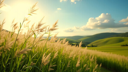 The wild grass swayed rhythmically with the gentle breeze, casting long shadows over the wide hillsides, creating a sense of peace and happiness without worry.