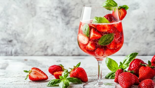 A vibrant strawberry and basil spritzer, served in a tall wine glass with muddled strawberries and basil leaves, presented against a refined, atmospheric bar setting.