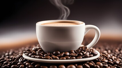 Fototapeta premium Aromatic espresso a white cup rests a saucer surrounded coffee beans.