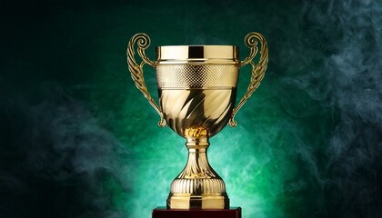 Golden champion trophy cup on dark smoke green background