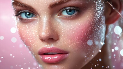 Woman with blue eyes and pink lips is shown with a powdery face. The image has a dreamy, ethereal quality to it, as if the woman is wearing a light
