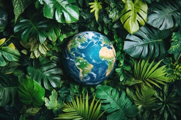 Earth globe nestled in lush green foliage. Illustrates environmental conservation and sustainability.