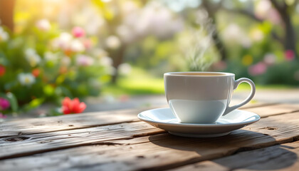 Obraz premium cup of coffee on wooden table