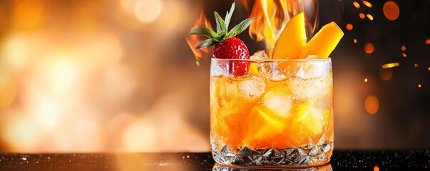 Vibrant orange and red mango rum punch, ignited with a sugar caramelized flame, placed on a reflective surface with a tropical sunset bokeh effect.