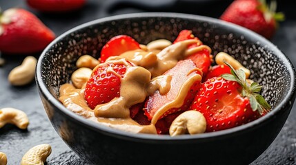 Fototapeta premium Close-up of a black bowl filled with a creamy dessert. the dessert appears to be made with strawberries, cashews, and a dollop of peanut butter.