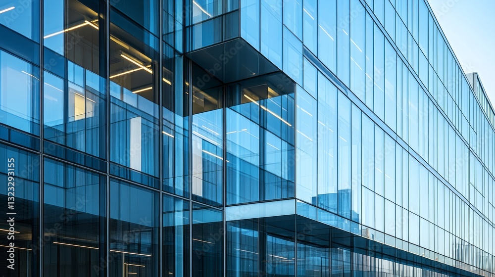 Poster a contemporary building showcases its striking glass exterior, reflecting the twilight sky and surro