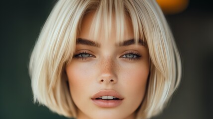 Fototapeta premium Woman with blonde hair and blue eyes is smiling. She has a short haircut and is wearing makeup