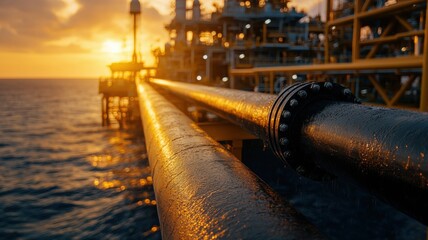 Oil pipeline sunset view at offshore platform industrial environment landscape and infrastructure photography
