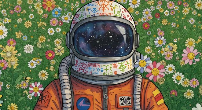 Astronauta en un campo de flores con reflejos espaciales &ndash; Arte de ciencia ficci&oacute;n surrealista