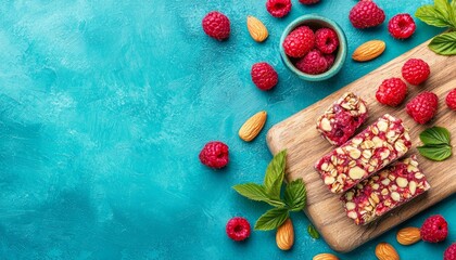 Almond and raspberry protein bars placed on a rustic wooden board, surrounded by fresh raspberries and almonds, set against a vibrant berry-colored background.