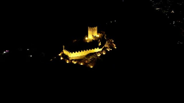 Aerial night view of Cly Castle Aosta valley Italy