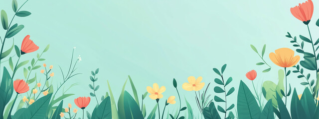 Fototapeta premium beautiful spring web banner with wild flower and grass isolated on light blue color background copy space for text