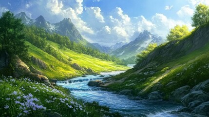 Serene Mountain Valley Landscape with River and Meadow