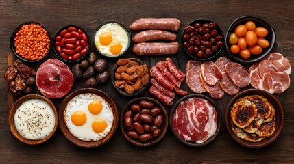 Wide angle shot of a full breakfast spread, giving a sense of abundance and variety, with each item visible from a high perspective, 3D render