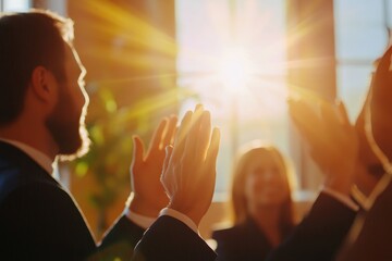 Motivation, audience with an applause and in a business meeting at work with a lens flare together. Support or celebration, success and colleagues clapping hands for good news or