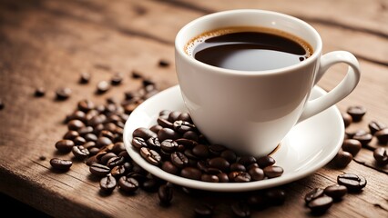 A steaming cup black coffee sits a saucer surrounded coffee beans a rustic wooden table.