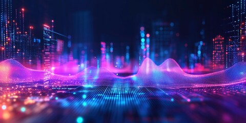 Fototapeta premium Digital Cityscape: A captivating visualization of a futuristic cityscape, where data streams intertwine with architectural forms, embodying the essence of technology.