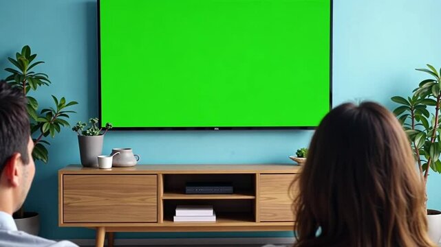 Man and Woman Sitting on a Couch Watching a Green Screen TV in a Modern Living Room for Video Editing and Special Effects