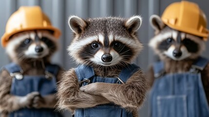 Three raccoons wearing hard hats and blue overalls. One of the raccoons is looking at the camera
