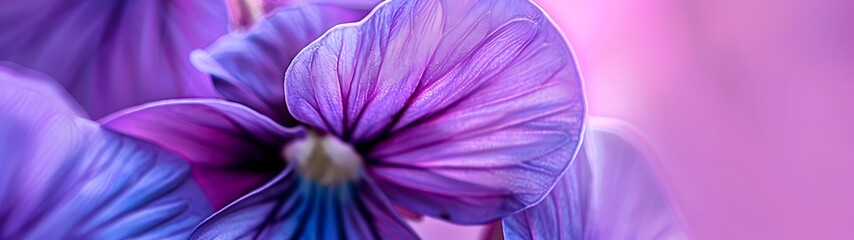 close up of violet flowers with delicate petals on soft gradient background