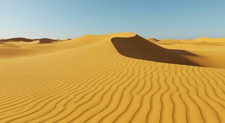 Endless golden sand dunes under a clear sky in the vast desert landscape