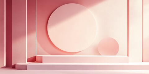 Geometric Stage for Product: A clean and minimalistic architectural stage design featuring geometric shapes and soft lighting, perfect for showcasing products or artistic displays. 