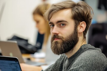 Young start-up team cooperating while working on laptop in the office