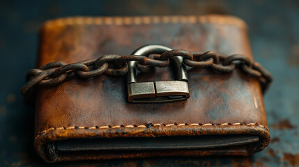 Fototapeta premium Locked wallet with chain and padlock, symbol of financial self-restraint and mindful spending 