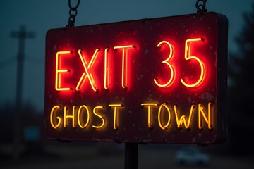 A neon "Exit 35: Ghost Town" sign with one flickering light, covered in dust.