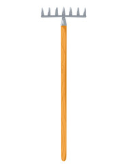 Leaf rake flat vector hand drawn illustration on white background. Simple garden rake icon design with wooden handle for agricultural farm theme