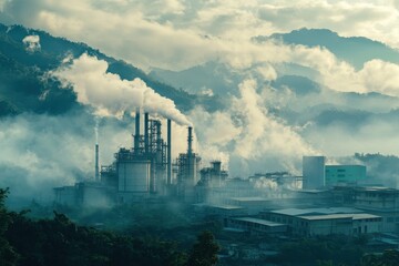 Fototapeta premium Industrial plant emitting smoke into misty mountains. Illustrates environmental impact of industrial pollution and climate change.
