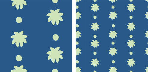Simple floral flat seamless pattern. Geometric in retro style, hand-drawn flowers, simple summer design  color blue 
