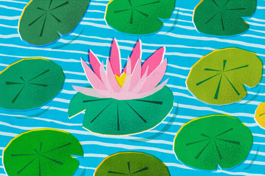 Retro spring illustration. Lily Pads Lotus flower in pond. 