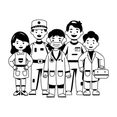 Children wearing different career costumes, glyph style illustration 
