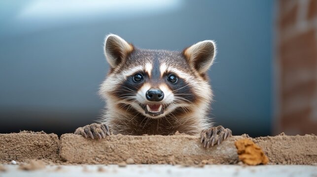 Raccoon is standing on a brick wall and looking at the camera. The raccoon has a big smile on its face and he is happy