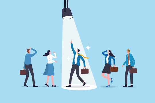 Outstanding employee or spotlight winning candidate, talent recruitment or best employee, job opportunity vacancy, HR hiring, candidate selection concept, winner job candidate with spotlight shining.