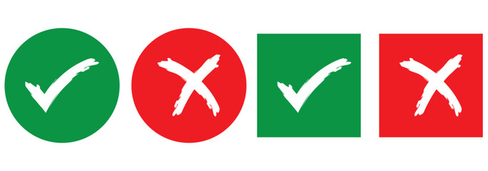 Tick and cross brush signs. Green checkmark OK and red X icons, isolated on white background. Symbols YES and NO button for vote, decision, web. Right and wrong. 1176