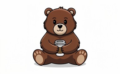 Obraz premium Cute Bear Holding Coffee, Adorable Coffee Bear Illustration, Cartoon Bear Coffee Lover