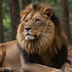 A male lion lying in the forest, with deep eyes, thick mane, clear profile, revealing a regal aura.
