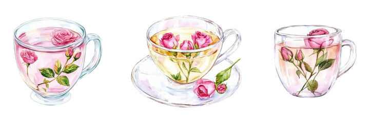Watercolor cups with rose tea png. Transparent glass cups filled with pink rose tea and decorated with rose branches. Watercolor elegant drinks. Vector illustration.