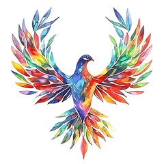 Obraz premium Colorful Artistic Bird with Floral Wings A vibrant illustration of a bird in flight, its wings adorned with colorful leaves.