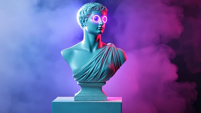 A statue of a man with glowing eyes and a white background