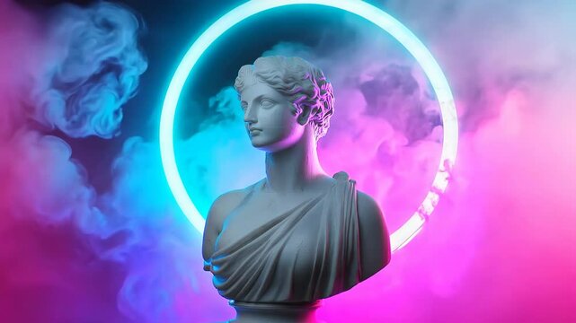 A statue of a woman is surrounded by a glowing circle