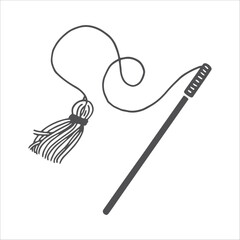 Cat toy, teaser wand hanging on string. Pet accessory. Vector hand drawn illustration.