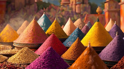 A colorful spice market with exotic mounds of fragrant powders and dried herbs digital