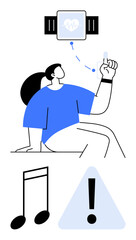 Woman sitting while interacting with a smartwatch tracking health metrics. Includes alerts symbol, music note icon, and health monitoring concept. Ideal for fitness, technology, health apps, smart